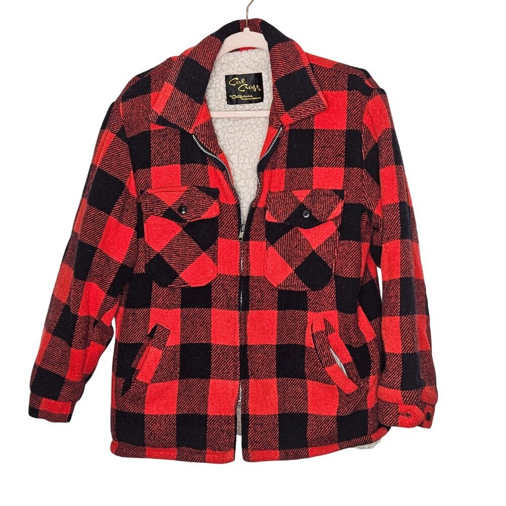 Cal Craft Vintage Buffalo Plaid Wool Zip Jacket Sherpa Lining Red Black Mens‎ M